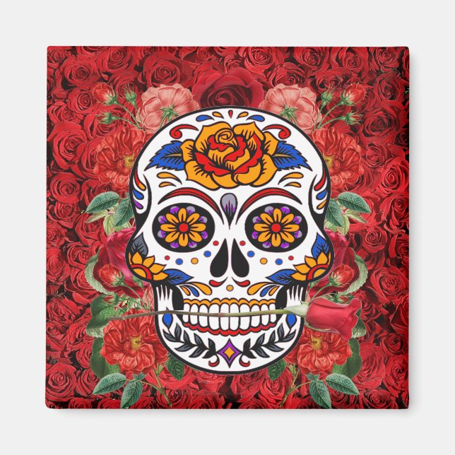 Sugar Skull Pink Red Roses Holidays Kitchen Magnet (Front)