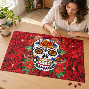 Sugar Skull Pink Red Roses Holidays Large Jigsaw Puzzle