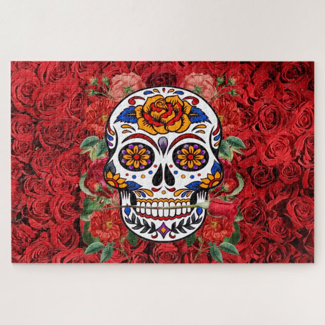Sugar Skull Pink Red Roses Holidays Large Jigsaw Puzzle (Horizontal)