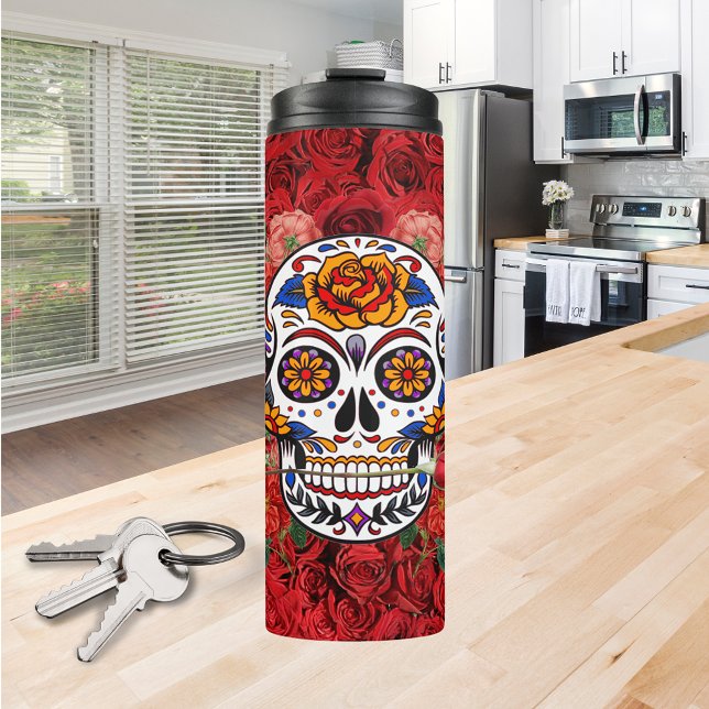 Sugar Skull Pink Red Roses Holidays Thermal Tumbler (Sugar Skull Pink Red Roses Holidays Thermal Tumbler)