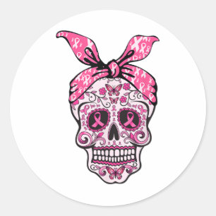 Sugar Skull Pink Ribbon Byndana Calavera Breast Ca Classic Round Sticker
