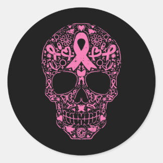 Sugar Skull Pink Ribbon Calavera Breast Cancer Awa Classic Round Sticker
