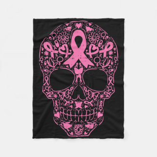 Sugar Skull Pink Ribbon Calavera Breast Cancer Awa Fleece Blanket