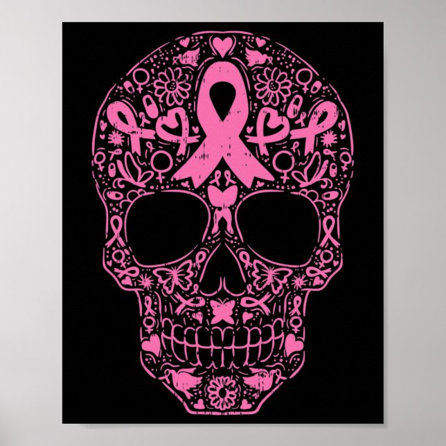 Sugar Skull Pink Ribbon Calavera Breast Cancer Awa Poster (Front)