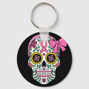 Sugar Skull Pink Ribbon Calavera Breast Cancer Key Ring
