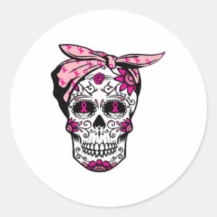 Sugar Skull Pink Ribbon Cool Breast Cancer Awarene Classic Round Sticker