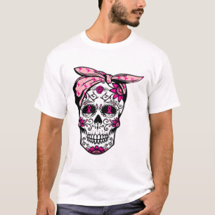 Sugar Skull Pink Ribbon Cool Breast Cancer Awarene T-Shirt