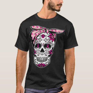 Sugar Skull Pink Ribbon Cool Breast Cancer Awarene T-Shirt