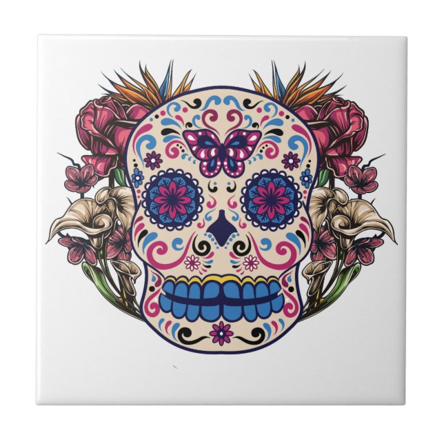Sugar Skull Pink Roses Multi Coloured Flowers Ceramic Tile (Front)