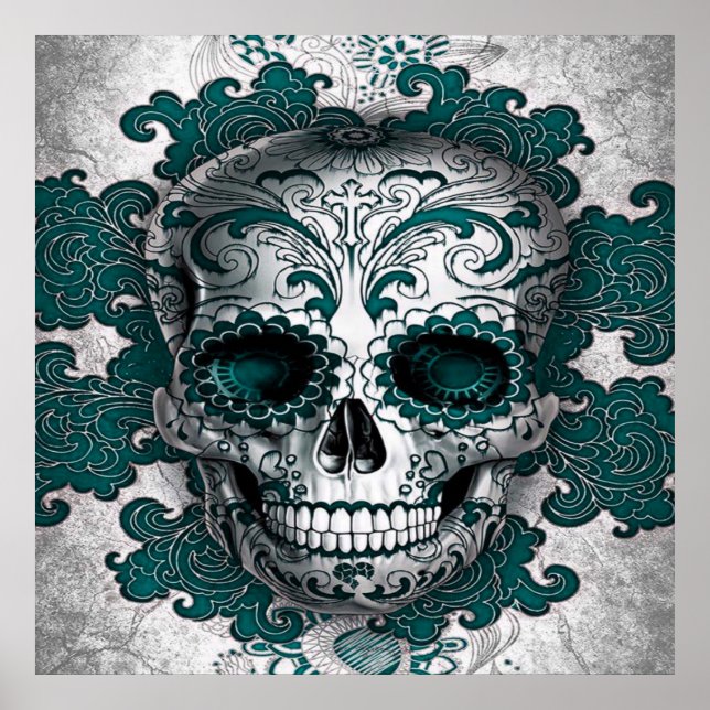 Sugar Skull Poster In Teal (Front)