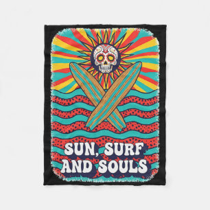 Sugar Skull Psychedelic Sun Retro Surf Ocean Waves Fleece Blanket