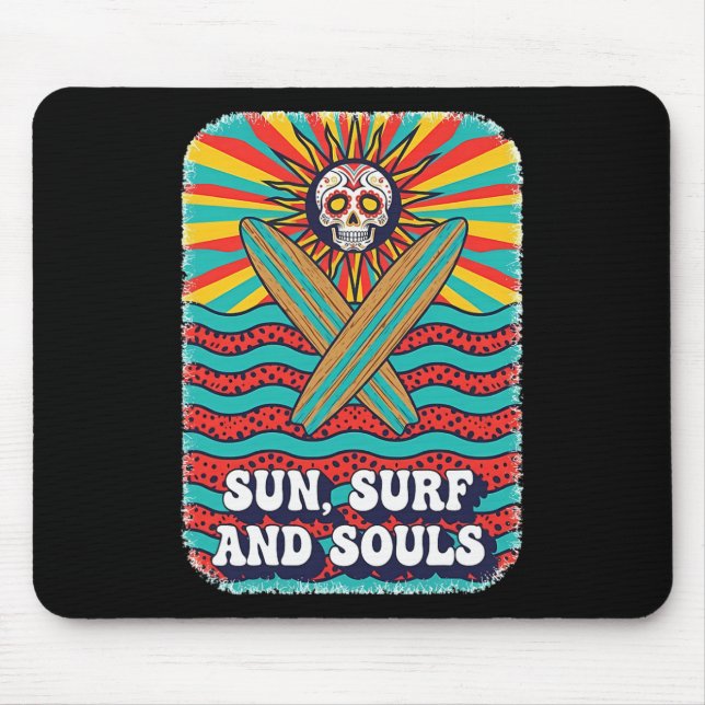 Sugar Skull Psychedelic Sun Retro Surf Ocean Waves Mouse Pad (Front)