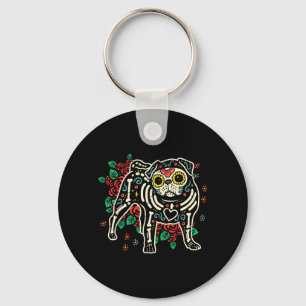 Sugar Skull Pug Dia De Los Muertos Halloween Dog Key Ring