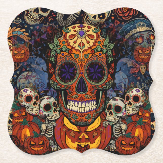 Sugar Skull Pumpkins Fiesta, Calavera  Paper Coaster (Front)