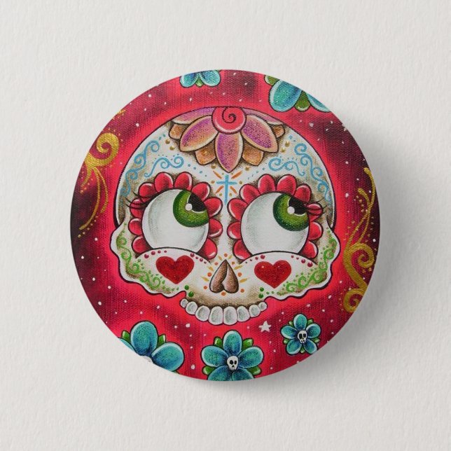 Sugar skull red 6 cm round badge (Front)