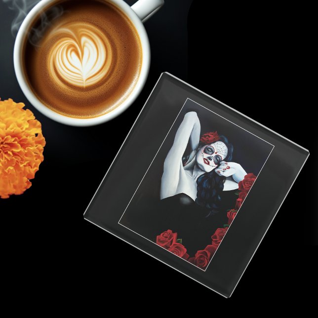 Sugar Skull Red Roses Black Glass Coaster (Creator Uploaded)