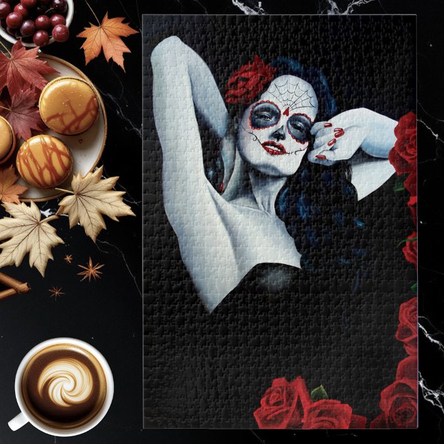 Sugar Skull Red Roses Black Jigsaw Puzzle (Creator Uploaded)