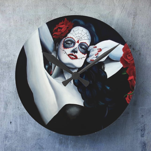 Sugar Skull Red Roses Black Round Clock (Creator Uploaded)