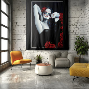 Sugar Skull Red Roses Black Tapestry