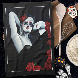 Sugar Skull Red Roses Black Tea Towel