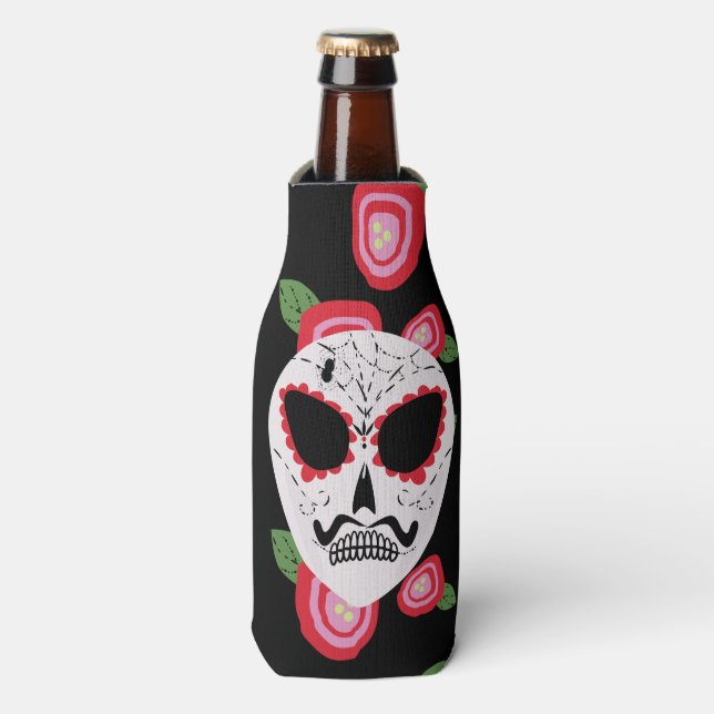 Sugar Skull Red Roses Moustache Skeleton Bottle Cooler (Bottle Front)