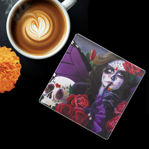 Sugar Skull Red Roses Purple Glass Coaster