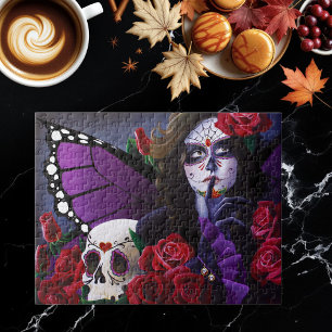 Sugar Skull Red Roses Purple Jigsaw Puzzle