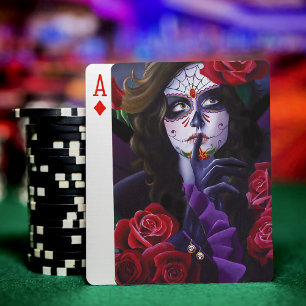 Sugar Skull Red Roses Purple Playing Cards
