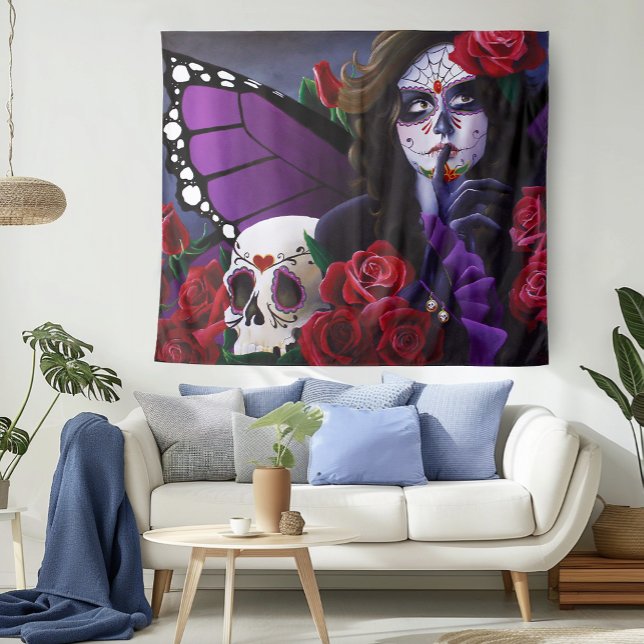 Sugar Skull Red Roses Purple Tapestry (Creator Uploaded)