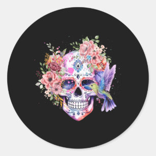 Sugar Skull Retro Flower with Hummingbird Classic Round Sticker