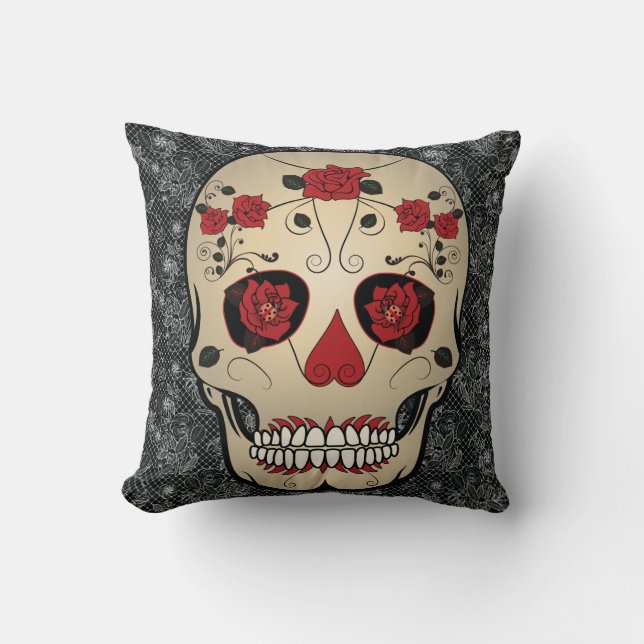 Sugar Skull Rose Day of the Dead Throw Pillow (Front)