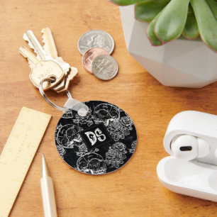 Sugar Skull Roses   Black and White Chalk Grunge Key Ring