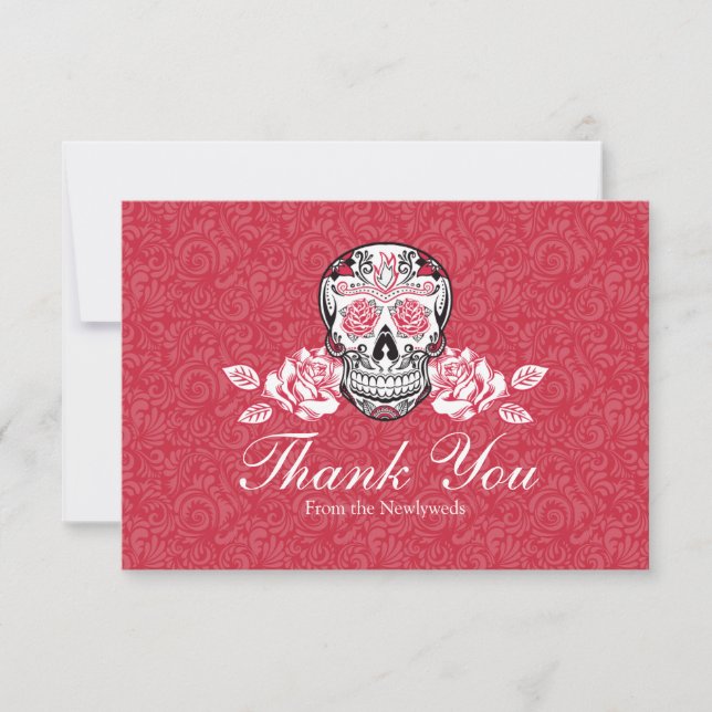 Sugar Skull + Roses Flat Thank You card Blank Back (Front)