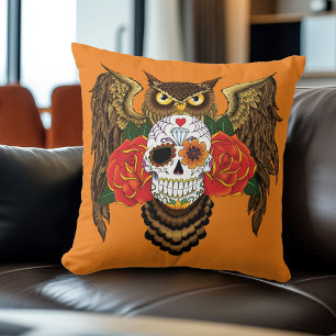 Sugar Skull Roses Owl Cushion