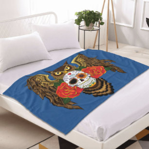 Sugar Skull Roses Owl Fleece Blanket