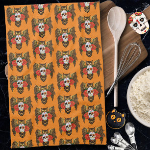 Sugar Skull Roses Owl Tea Towel