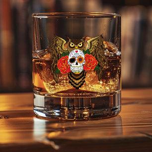 Sugar Skull Roses Owl Whiskey Glass