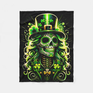 Sugar Skull Saint Patricks Day Of Dead Leprechaun Fleece Blanket