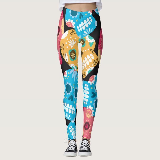 Sugar skull, seamless festive background. leggings (Front)