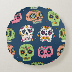 sugar skull seamless pattern vintage illustration round cushion