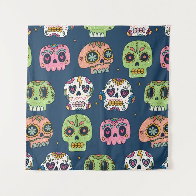 sugar skull seamless pattern vintage illustration tapestry (Front)