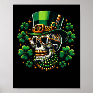 Sugar Skull Shamrock Wearing Leprechaun Hat St Pat Poster