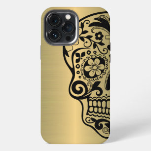 Sugar Skull Silhouette On Faux Shiny Gold iPhone 13 Pro Max Case