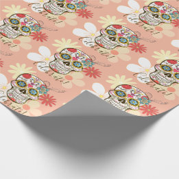 Sugar Skull Soft Petty Peach Rose Hippy Floral Wrapping Paper