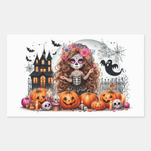 Sugar Skull Spooky Halloween Scene Rectangular Sticker