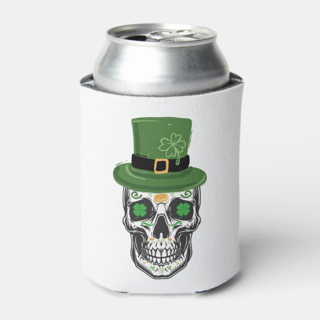 Sugar Skull St Patrick Day Leprechaun Shamrock Can Cooler (Can Front)