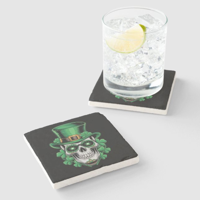 Sugar Skull St Patrick Day Lucky Shamrock  Stone Coaster (Side)