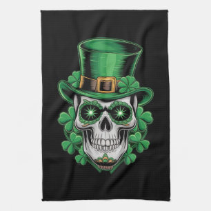 Sugar Skull St Patrick Day Lucky Shamrock  Tea Towel
