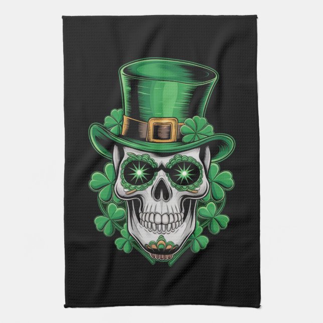Sugar Skull St Patrick Day Lucky Shamrock  Tea Towel (Vertical)