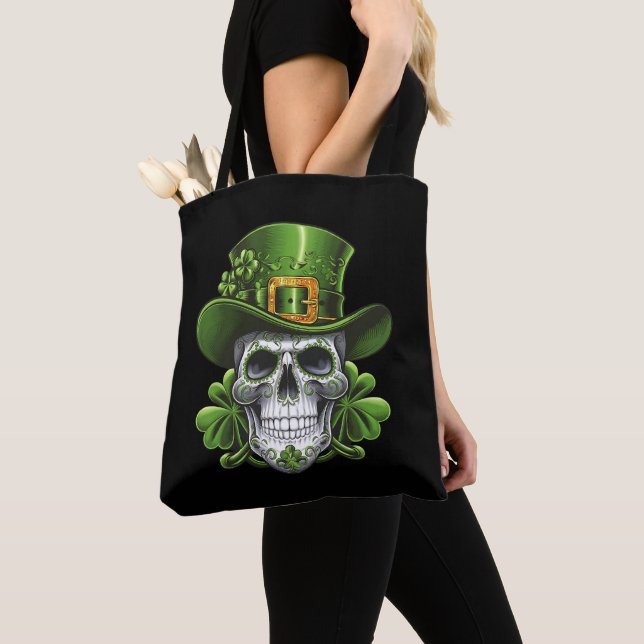 Sugar Skull St Patrick's Day Shamrock Tote Bag (Close Up)
